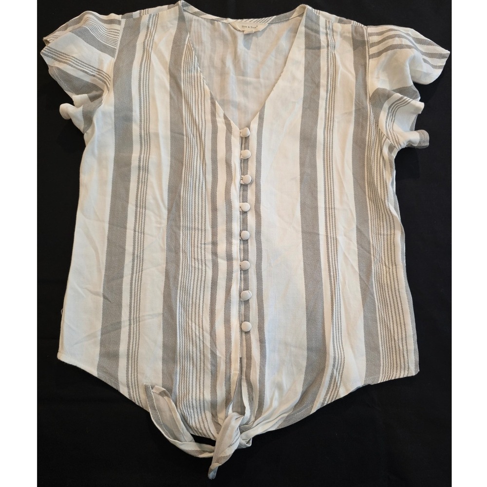 Sim‎ & Sam Top Women S Gray White Stripe Button Front Flutter Sleeve Blouse Tie
